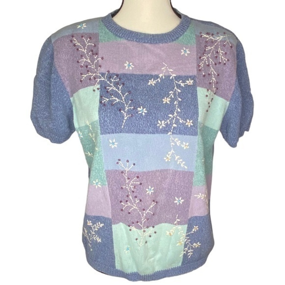 Alfred Dunner Vintage Top Floral Beaded Embroidery Short Sleeve Sweater Size M